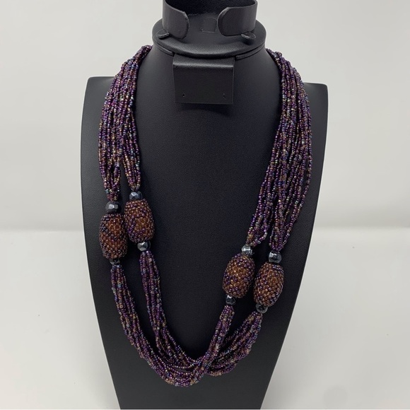 Vintage Purple Seed Beaded Pineapple Inspired Long Layered Chunky Necklace 21" - Picture 4 of 9